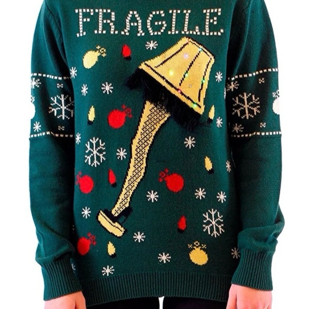 A Christmas Story Fragile Leg Lamp Light Up Green Ugly Christmas Sweater